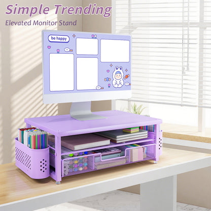 MEHOOM Desk Organizer, 2-Tier Monitor Stand with Storage and 2 Pen Holder, Laptop Stand, Office Desk Accessories for Office Supplies, Purple