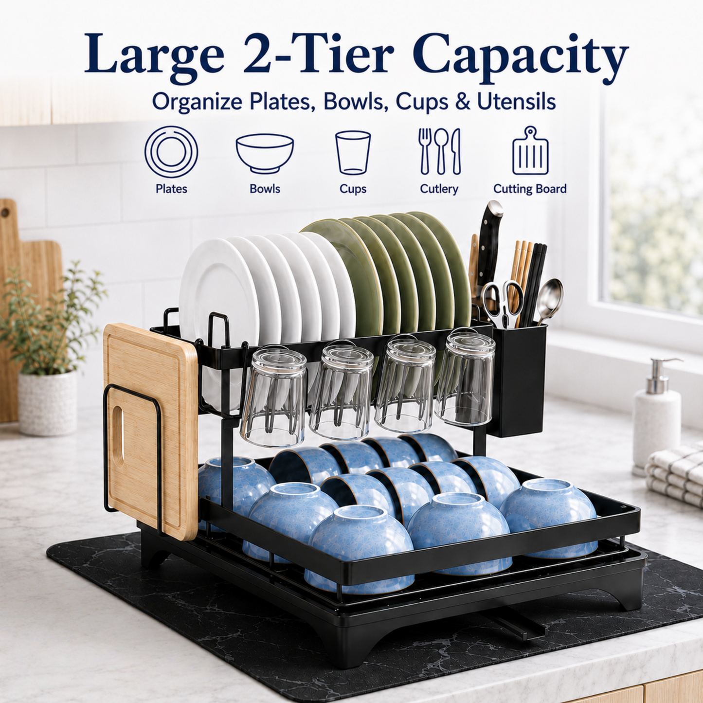 MEHOOM 2-Tier Dish Drying Rack, Dish Rack, Stainless Steel Dish Rack with Auto Drainage System and Absorbent Mat, Dish Drainer for Kitchen Counter