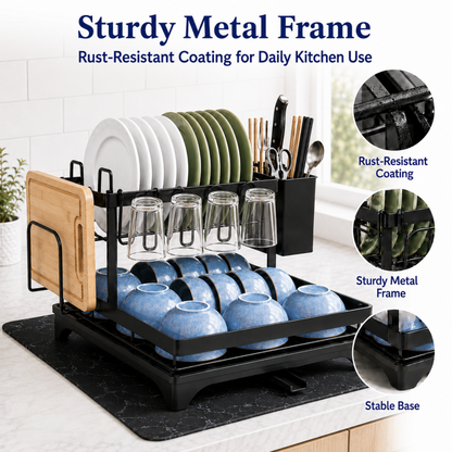 MEHOOM 2-Tier Dish Drying Rack, Dish Rack, Stainless Steel Dish Rack with Auto Drainage System and Absorbent Mat, Dish Drainer for Kitchen Counter