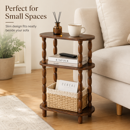 MEHOOM Narrow Side Table, Slim End Table with 3-Tier Storage Shelves, Farmhouse/Modern Nightstand for Small Spaces, Living Room, Bedroom (Rustic Brown)