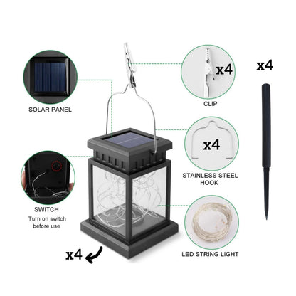 MEHOOM Outdoor Solar Lanterns 4 Pack, Waterproof Hanging Lights with Ground Stake, Retro Palace Design Warm White LED Solar Lights for Patio, Garden, Yard, Tabletop & Landscape Decor