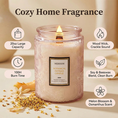 MEHOOM Melon Blossom Wood Wick Scented Candle, 20oz Large Beeswax & Soy Blend, Clean Burning 100-Hour Candle, Cozy Gift for Home Decor