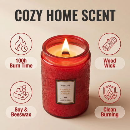 MEHOOM Sweet Apple Wood Wick Scented Candle, 20oz Large Beeswax & Soy Blend, Clean Burning 100-Hour Candle, Cozy Gift for Home Decor