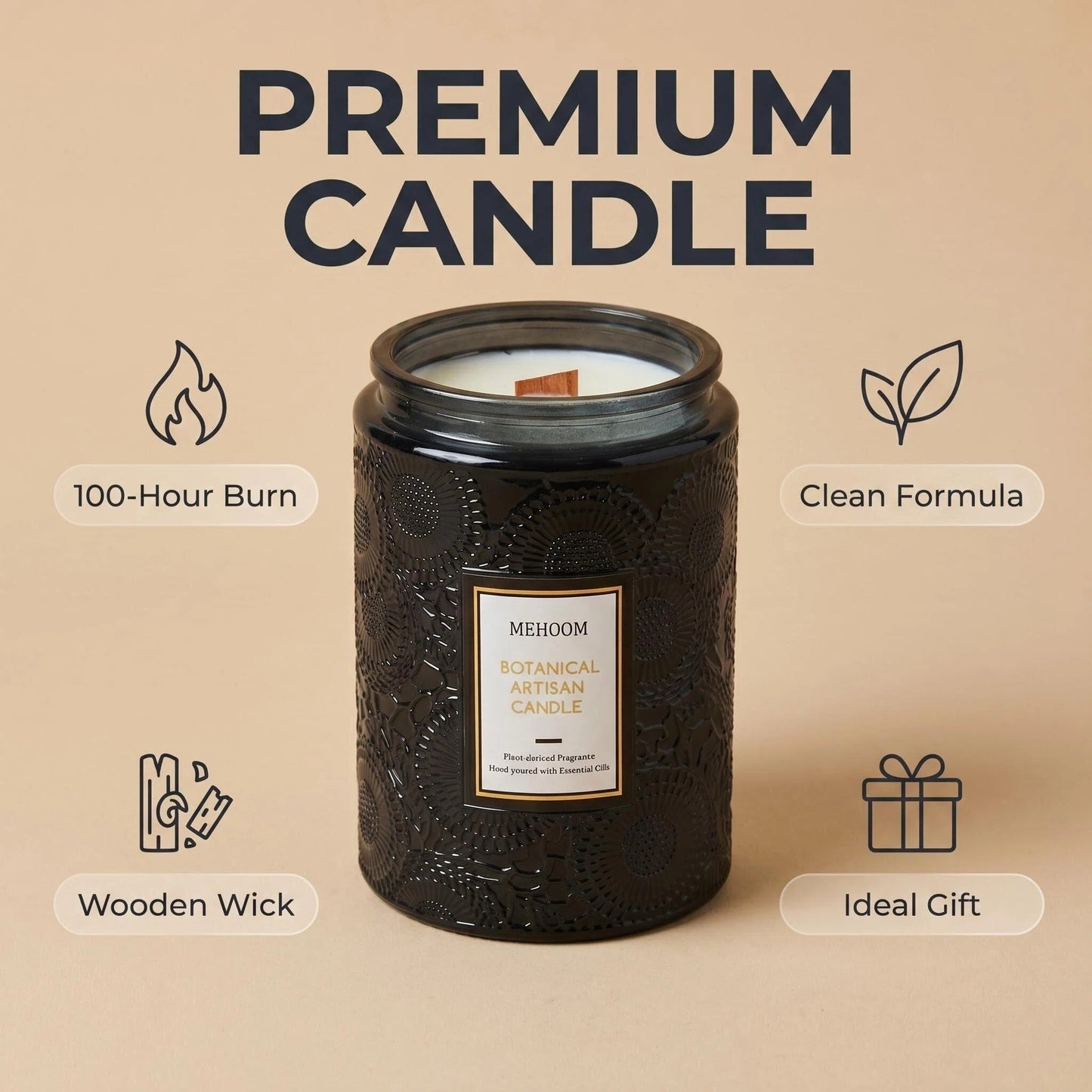 MEHOOM Men's Cologne Wood Wick Scented Candle, 20oz Large Beeswax & Soy Blend, Clean Burning 100-Hour Candle, Cozy Gift for Home Decor
