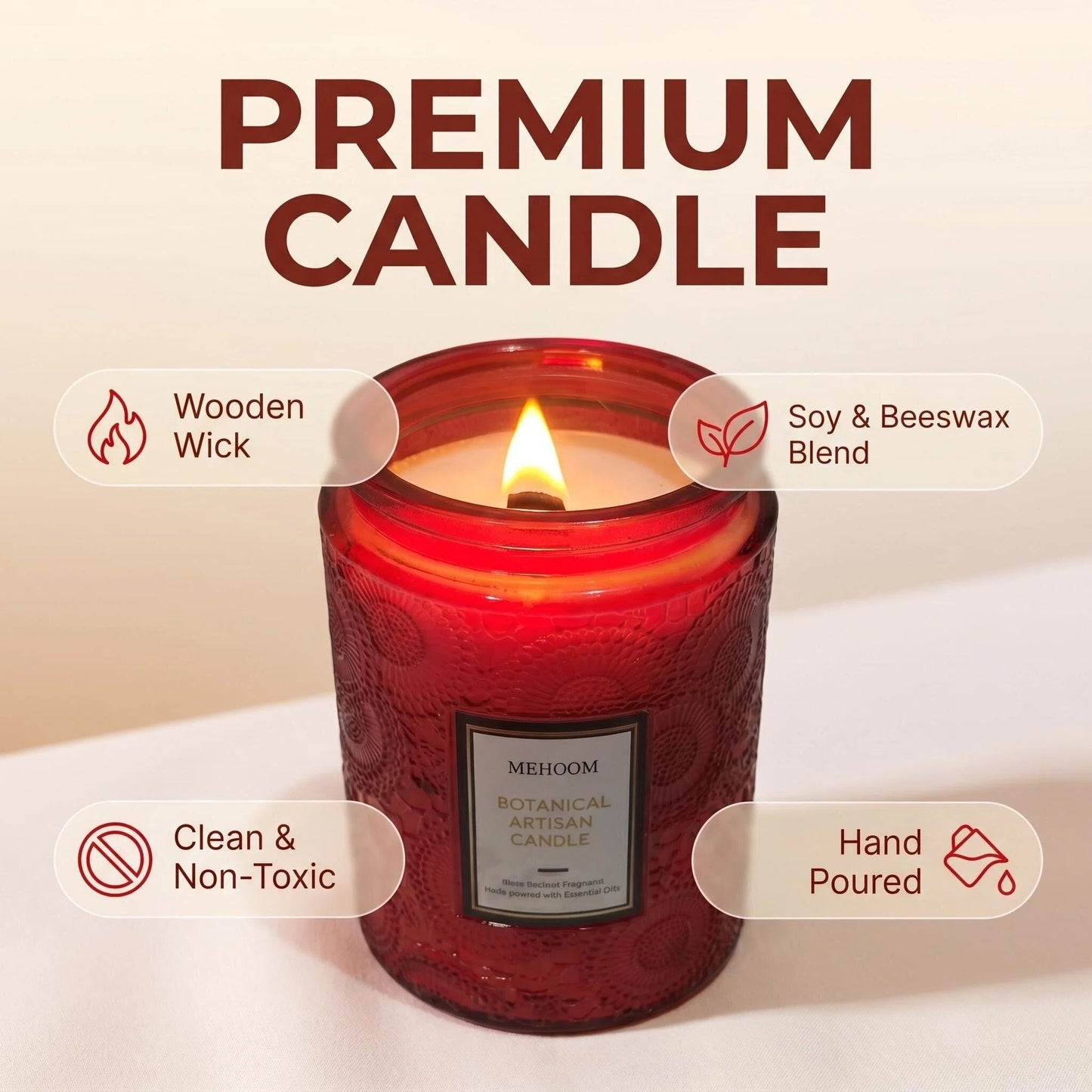 MEHOOM Sweet Apple Wood Wick Scented Candle, 20oz Large Beeswax & Soy Blend, Clean Burning 100-Hour Candle, Cozy Gift for Home Decor