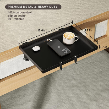 MEHOOM Bedside Shelf for College Dorm Room Essentials, Metal Foldable Bedside Table with Hooks, Cable Hole&Clip, Cup Holder, Bunk Bed Tray Clip on Floating Nightstand