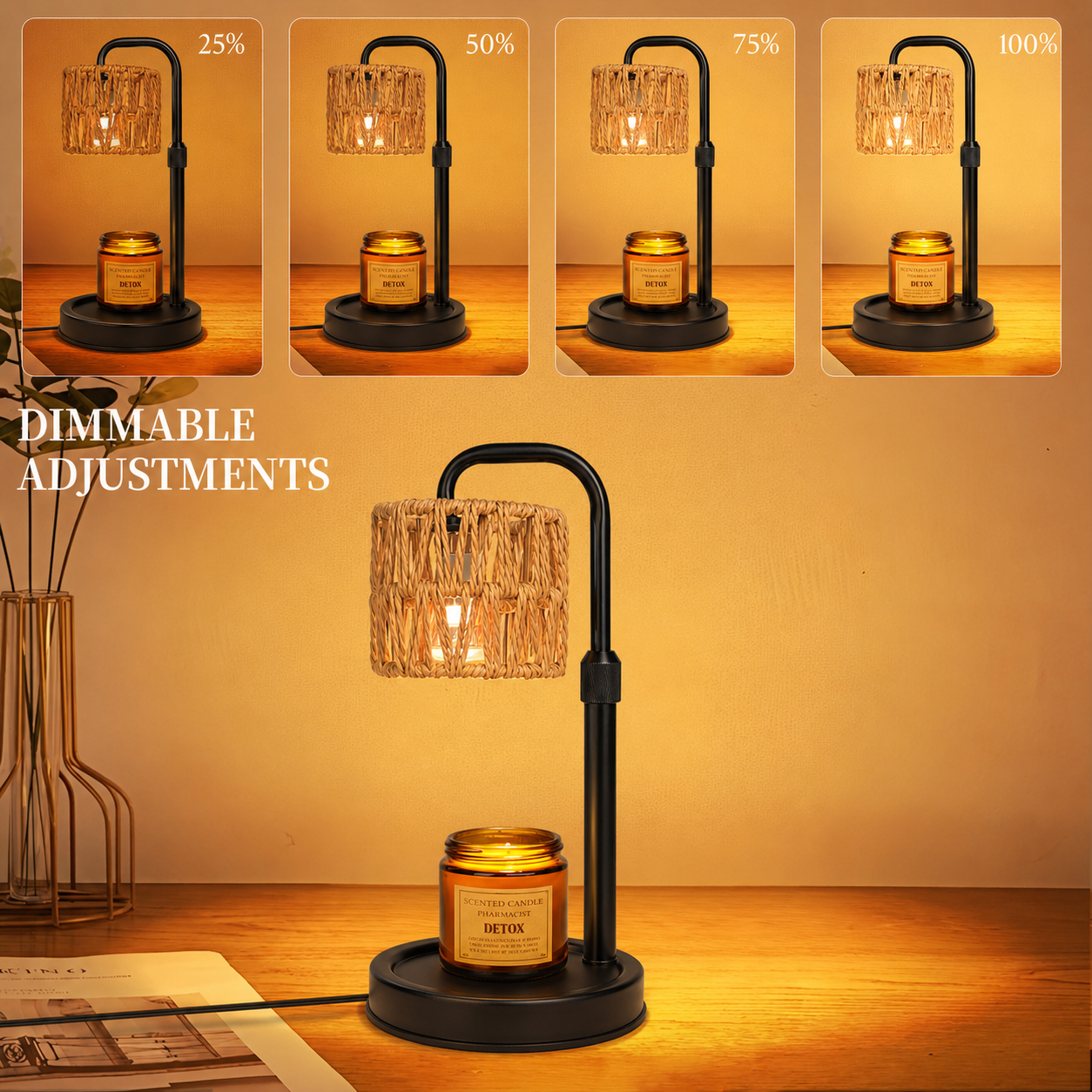 MEHOOM Rattan Candle Warmer Lamp with Dimmer Timer, Adjustable Height Warmer for Jar Candles, Light Brown Lampshade with 2 Bulbs, Home Decor Gifts for Bedroom Living Room