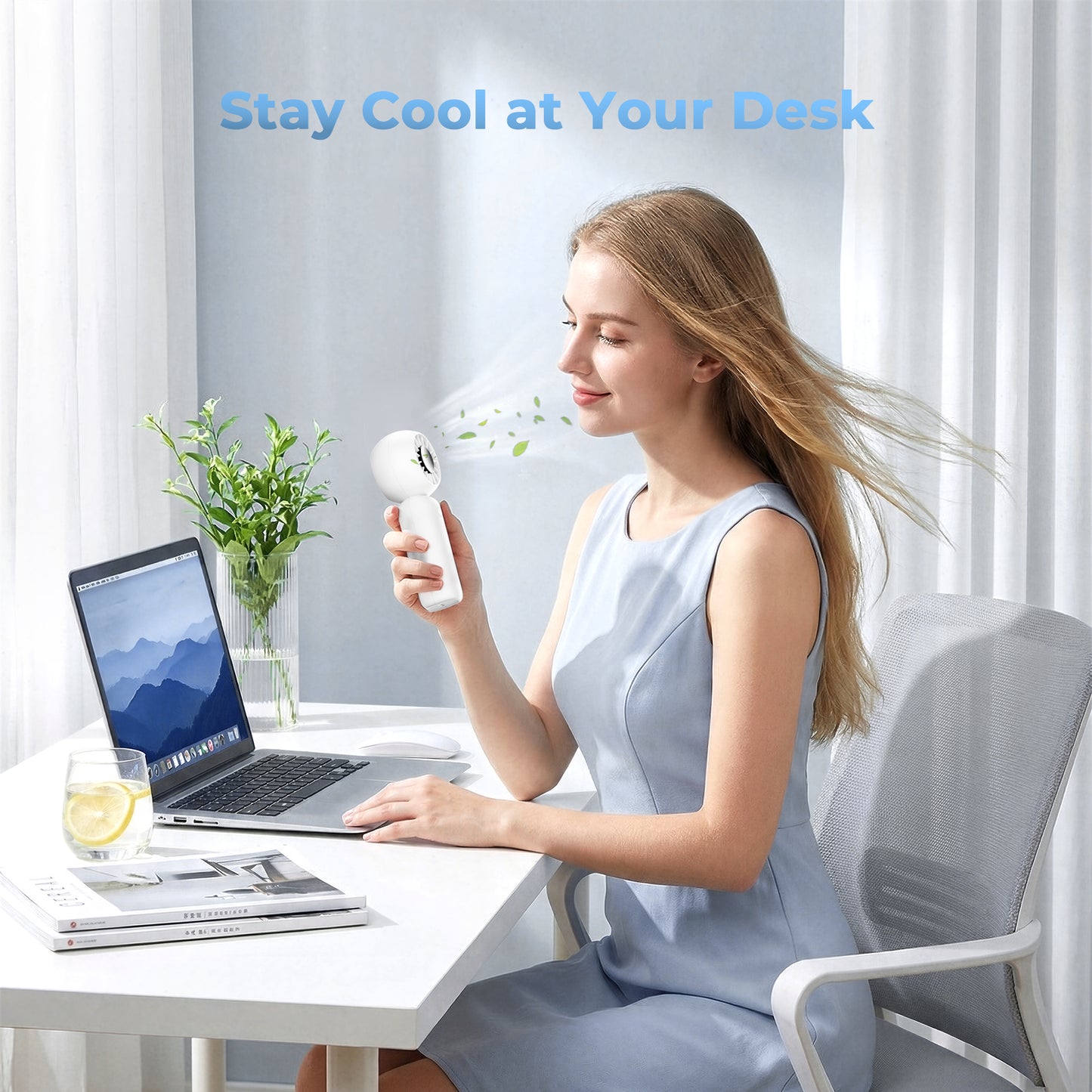 MEHOOM Portable Handheld Turbo Fan, 5-Speed Desk Fan with 4000mAh Battery, Up to 18-Hour Runtime Small Personal for Travel, Outdoor, Beach, White