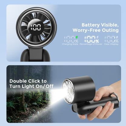 MEHOOM Portable Handheld Fan, 5000mAh Desk Fan with Flashlight, 180° Adjustable, 5 Speed Wind, Display Electricity in Real Time, USB Rechargeable for Outdoor Activities, Travel, Beach (Black)