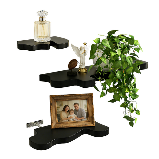 MEHOOM Set of 3 Live Edge Solid Wood Floating Shelves, Rustic Farmhouse Wall Shelves , Decorative Wall Display Shelves for Living Room, Bedroom, Bathroom,Black