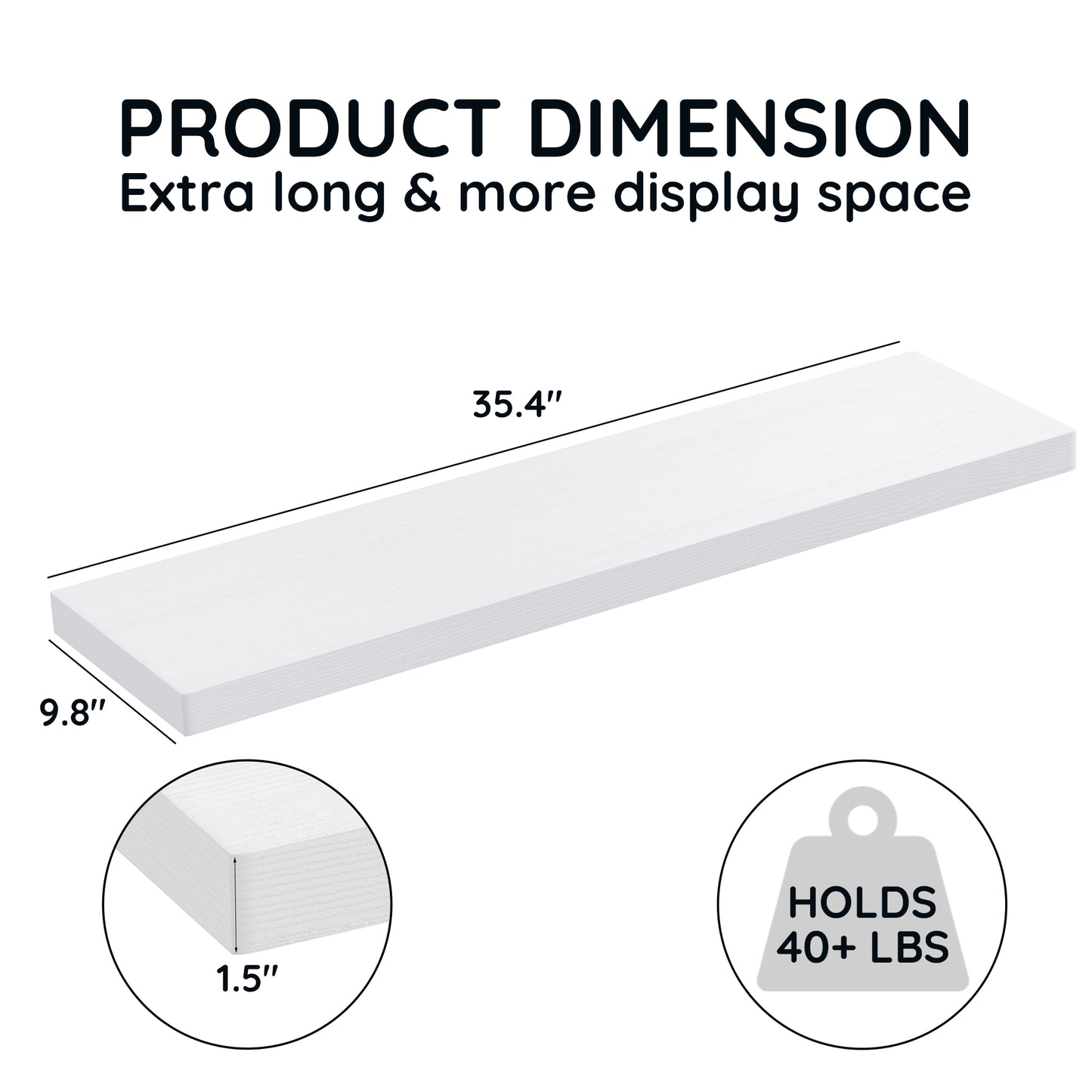 MEHOOM 36 Inch Extra Long Solid Wood Floating Shelves for Wall, Large Wall Shelves for Bathroom, Bedroom, Kitchen & Book Storage, Mounted Floating Shelf with Invisible Brackets (White, 2 Pack)