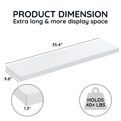 MEHOOM 36 Inch Extra Long Solid Wood Floating Shelves for Wall, Large Wall Shelves for Bathroom, Bedroom, Kitchen & Book Storage, Mounted Floating Shelf with Invisible Brackets (White, 2 Pack)