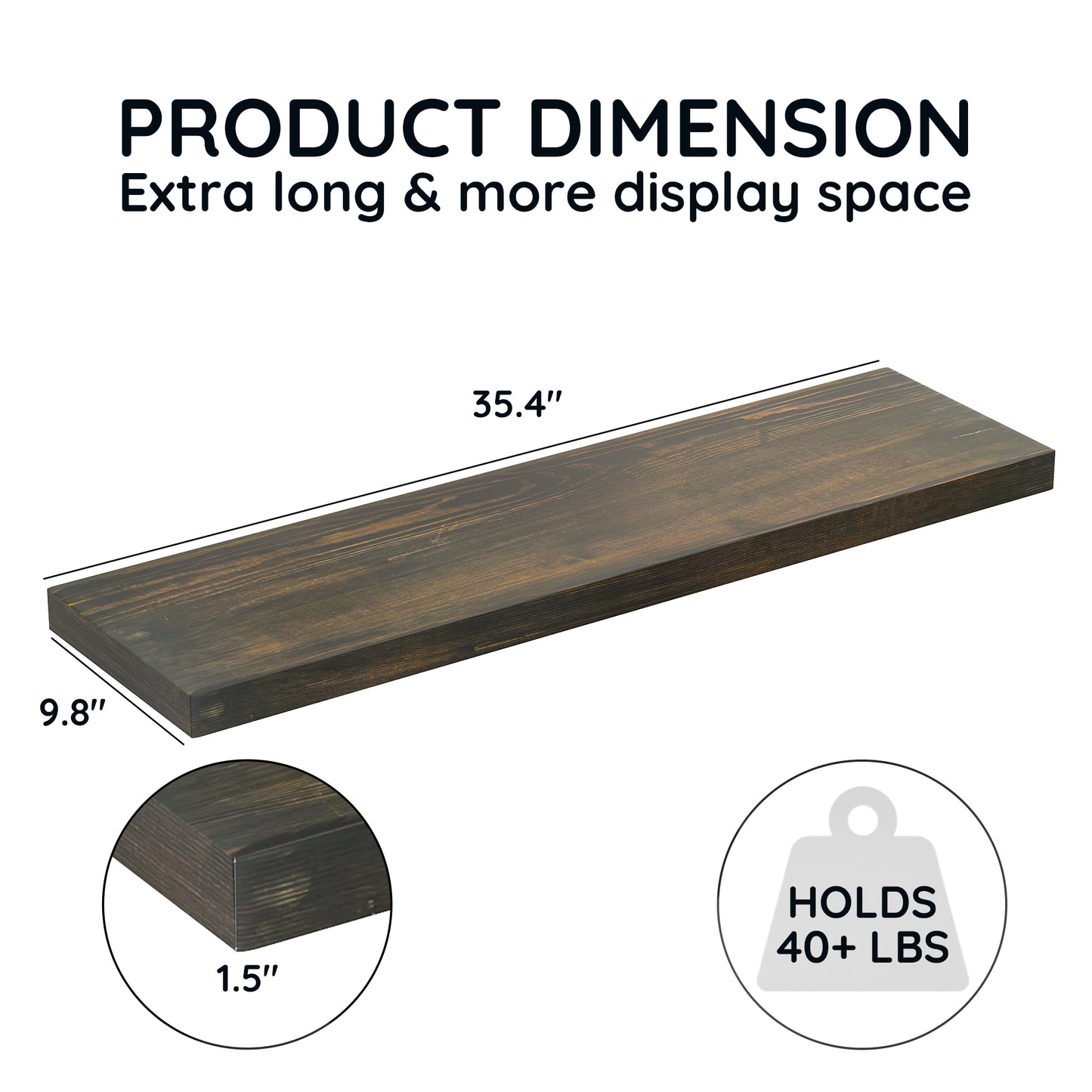 MEHOOM 36in Solid Wood Floating Shelf, Rustic Brown Wall Shelf for Living Room, Bedroom, Kitchen, Heavy Duty Holds 40lbs