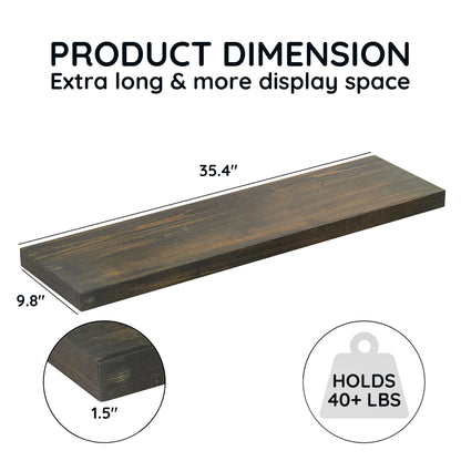 MEHOOM 36in Solid Wood Floating Shelf, Rustic Brown Wall Shelf for Living Room, Bedroom, Kitchen, Heavy Duty Holds 40lbs