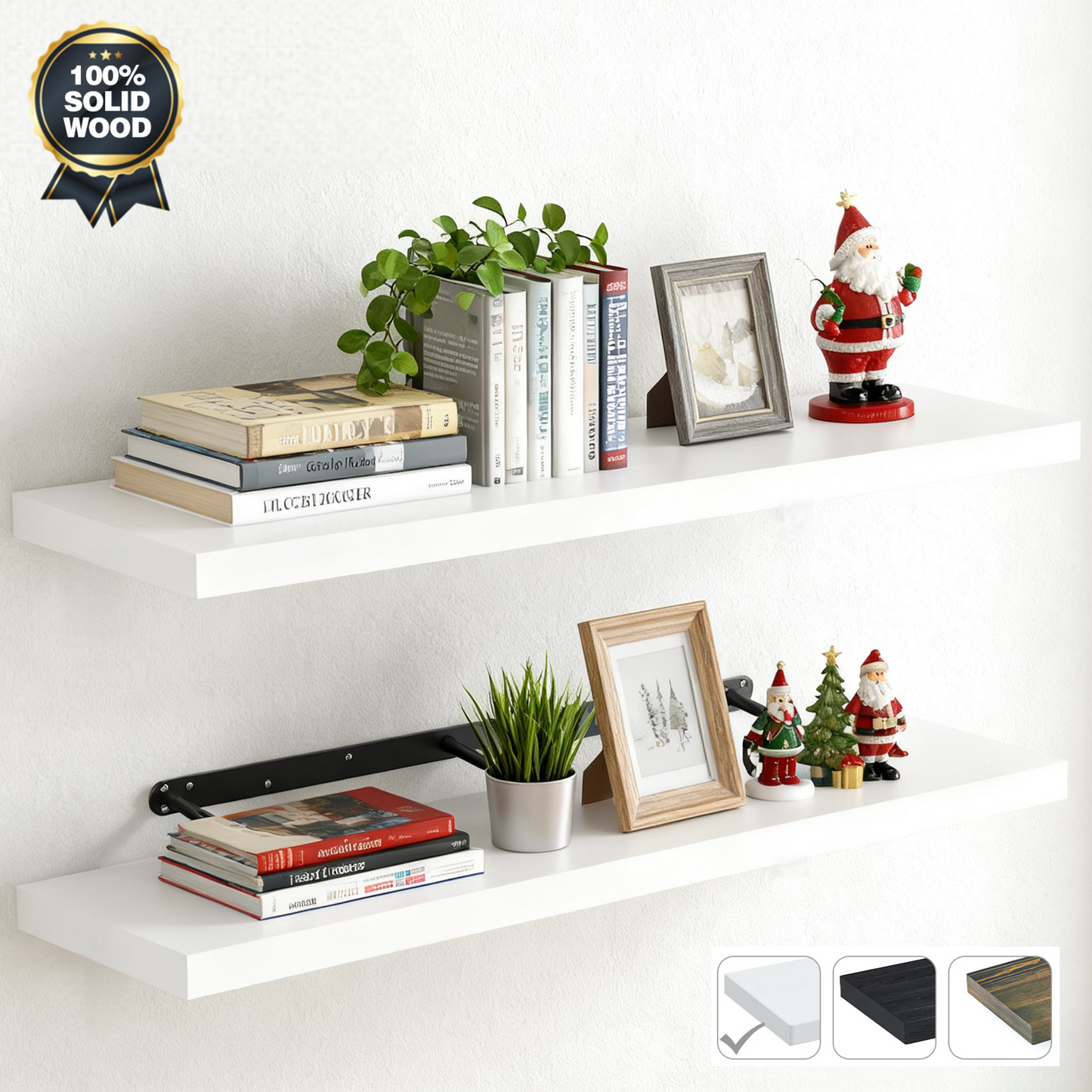 MEHOOM 36 Inch Extra Long Solid Wood Floating Shelves for Wall, Large Wall Shelves for Bathroom, Bedroom, Kitchen & Book Storage, Mounted Floating Shelf with Invisible Brackets (White, 2 Pack)