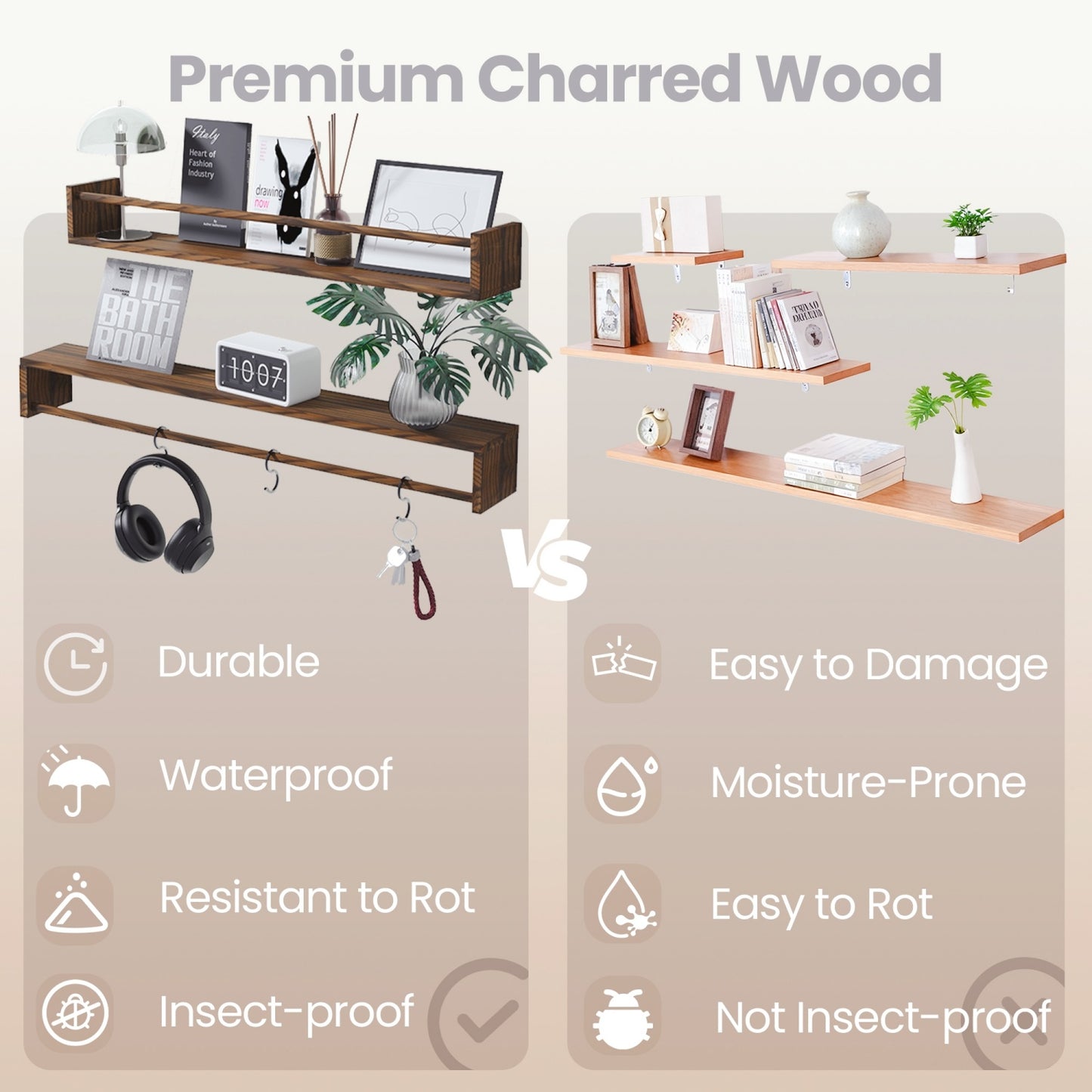 MEHOOM 24" Rustic Solid Book Shelves for Wall Set of 3, Floating Shelves for Bathroom,Kids Room,Bedroom,Living Room,Kitchen,Study Room,Torched Wood Wall Shelves Farmhouse Decor