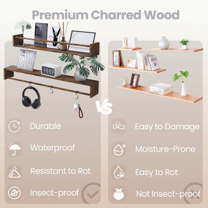 MEHOOM 24" Rustic Solid Book Shelves for Wall Set of 3, Floating Shelves for Bathroom,Kids Room,Bedroom,Living Room,Kitchen,Study Room,Torched Wood Wall Shelves Farmhouse Decor