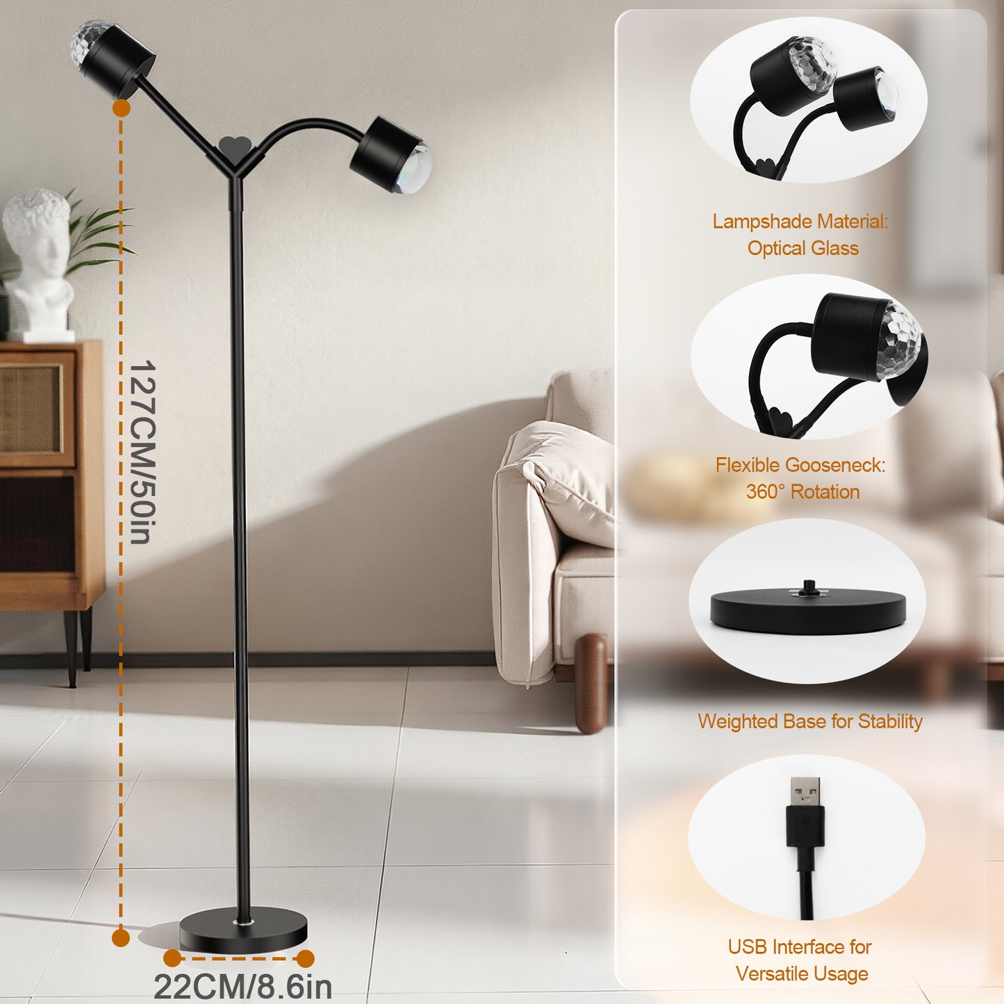 MEHOOM  Double-Headed Floor Lamp , 360°Rotating Sunset Lamp Ambiance Comes with 7 Color Swatches,  Modern Floor Stand Night Light for Living Rooms, Bedrooms & Offices