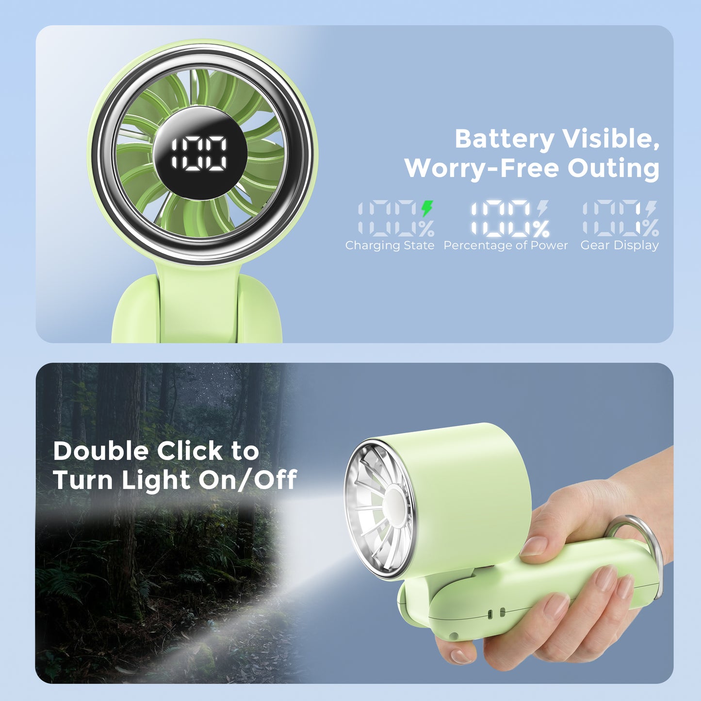 MEHOOM Portable Fan, 3 IN 1 5000mAh Rechargeable Mini Handheld Fan with 100 Speeds Air Turbo Personal Fan for Indoor Outdoor Travel (Green)