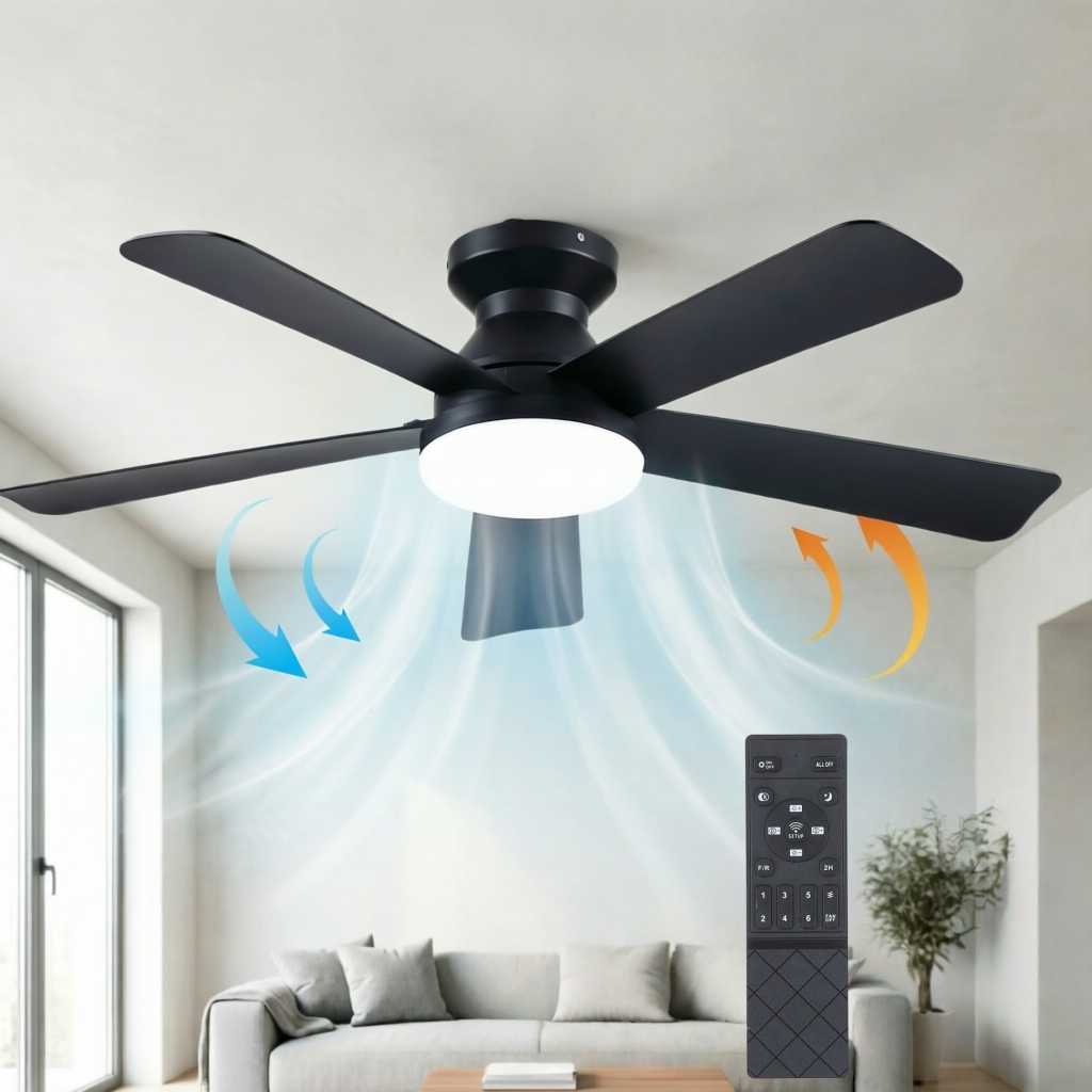Ceiling Fans with Lights and Remote, 42" Low Profile LED Ceiling Fan with Flush Mount, Reversible, 3CCT, Dimmable, Quiet, Indoor Outdoor Fan for Bedroom, Black