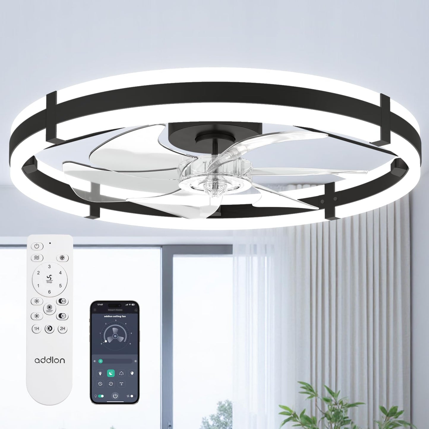 MEHOOM Ceiling Fan with Light and Remote & APP, 20" Low Profile Ceiling Fan, 3 Color Flush Mount Dimmable LED Fan Light, Reversible 6 Wind Speeds, Timing Setting Fan for Bedroom