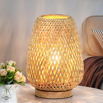 MEHOOM Bamboo Rattan Table Lamp for Living Room Farmhouse, Dimmable Bedside Lamp,Accent Lamp for Bedroom,Desk Novelty Lamp for Bedroom,Living Room,Office,Boho Decor