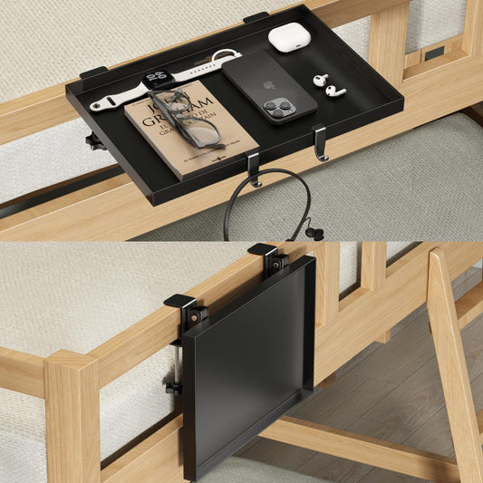 MEHOOM Bedside Shelf for College Dorm Room Essentials, Metal Foldable Bedside Table with Hooks, Cable Hole&Clip, Cup Holder, Bunk Bed Tray Clip on Floating Nightstand