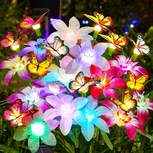 MEHOOM Lily & Swaying Butterflies Solar Lights, 4 Pack Outdoor Garden Decor Flower, 16-Head Brighter Waterproof Color Changing Solar Powered Light for Yard Lawn Pathway