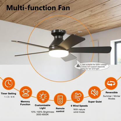 Ceiling Fans with Lights and Remote, 42" Low Profile LED Ceiling Fan with Flush Mount, Reversible, 3CCT, Dimmable, Quiet, Indoor Outdoor Fan for Bedroom, Black