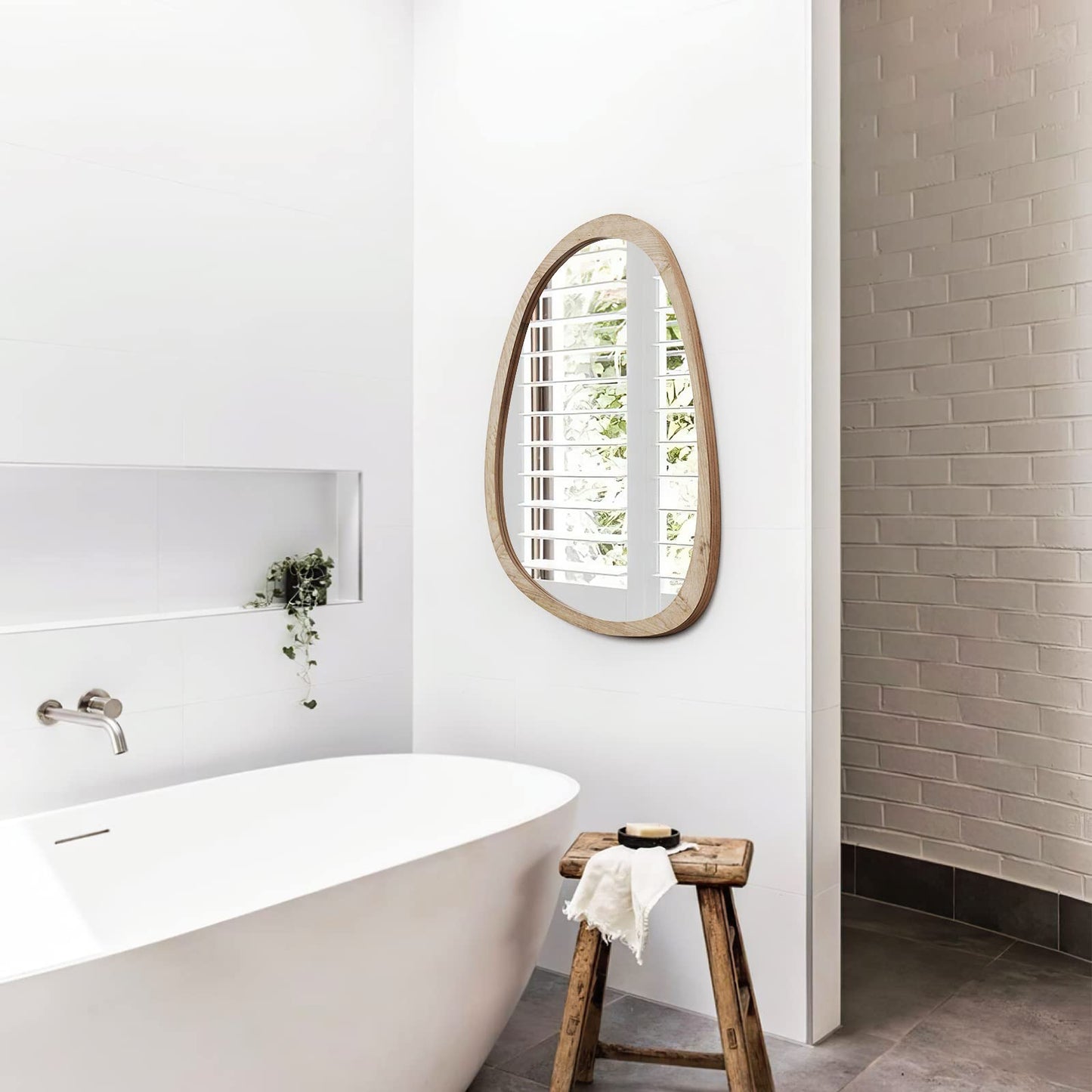 MEHOOM 30"x20" Irregular Wood Wall Mirror, Boho Hanging Mirror for Bathroom, Bedroom, Farmhouse Decor