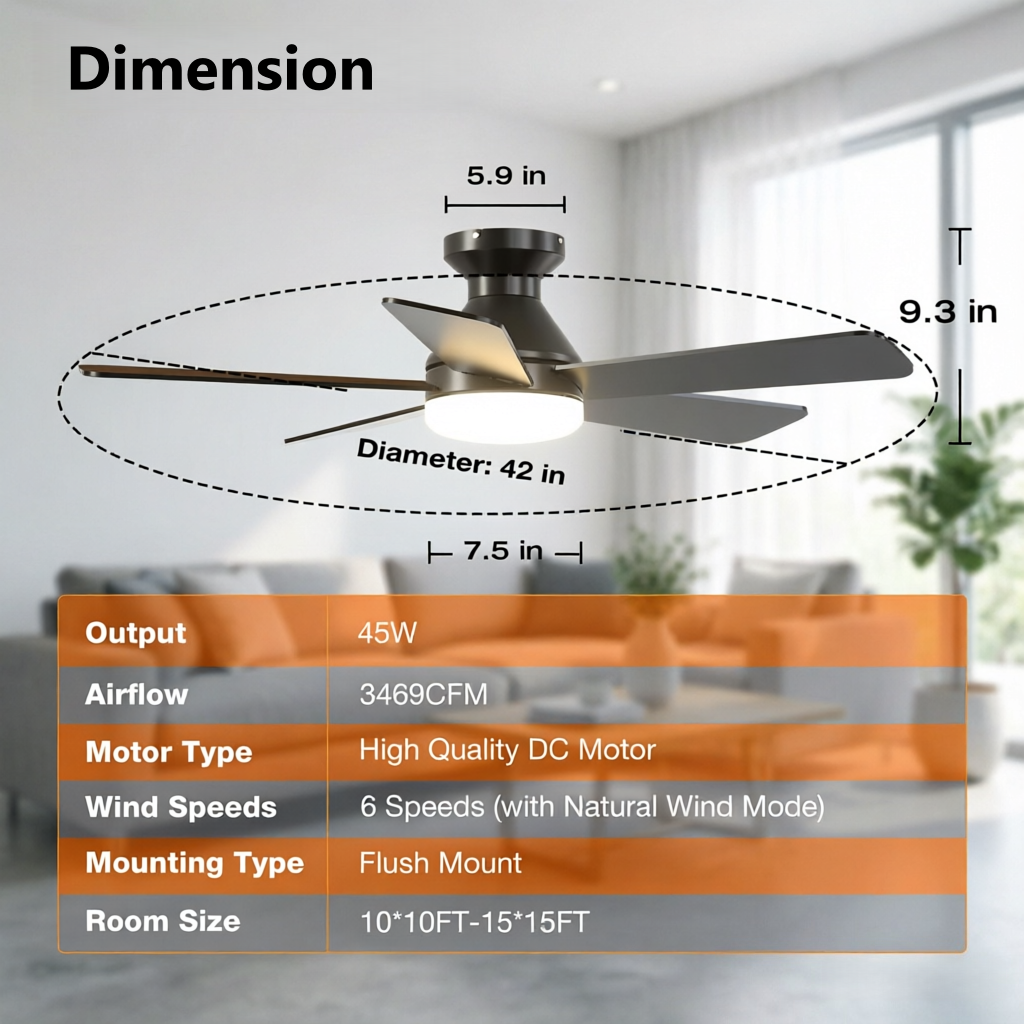 Ceiling Fans with Lights and Remote, 42" Low Profile LED Ceiling Fan with Flush Mount, Reversible, 3CCT, Dimmable, Quiet, Indoor Outdoor Fan for Bedroom, Black