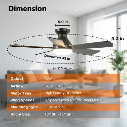 Ceiling Fans with Lights and Remote, 42" Low Profile LED Ceiling Fan with Flush Mount, Reversible, 3CCT, Dimmable, Quiet, Indoor Outdoor Fan for Bedroom, Black