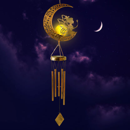 MEHOOM Hanging Moon Fairy Solar Lights for Garden Decor, Outdoor Wind Chimes with Solar Powered Lights & 5 Metal Tubes