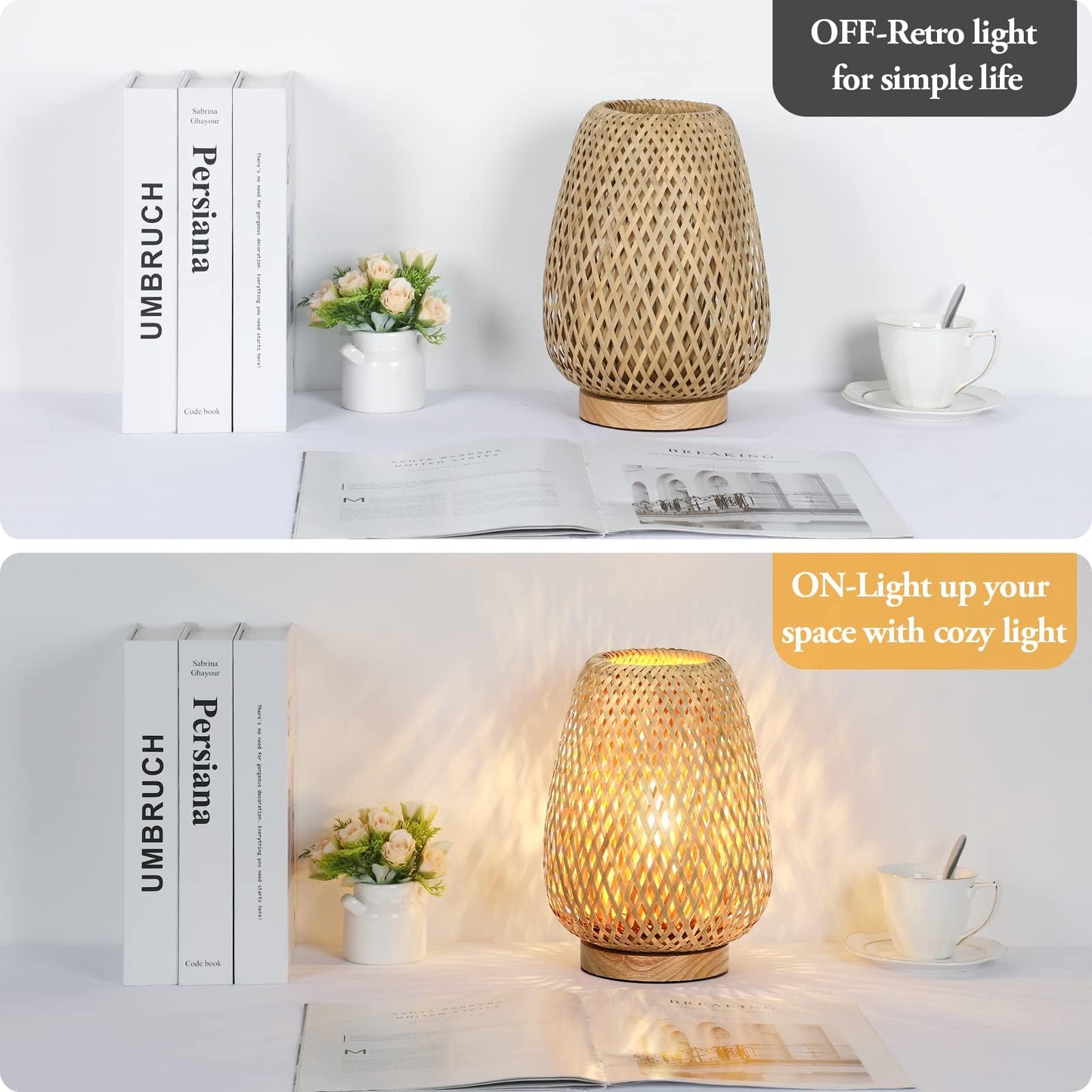 MEHOOM Bamboo Rattan Table Lamp for Living Room Farmhouse, Dimmable Bedside Lamp,Accent Lamp for Bedroom,Desk Novelty Lamp for Bedroom,Living Room,Office,Boho Decor