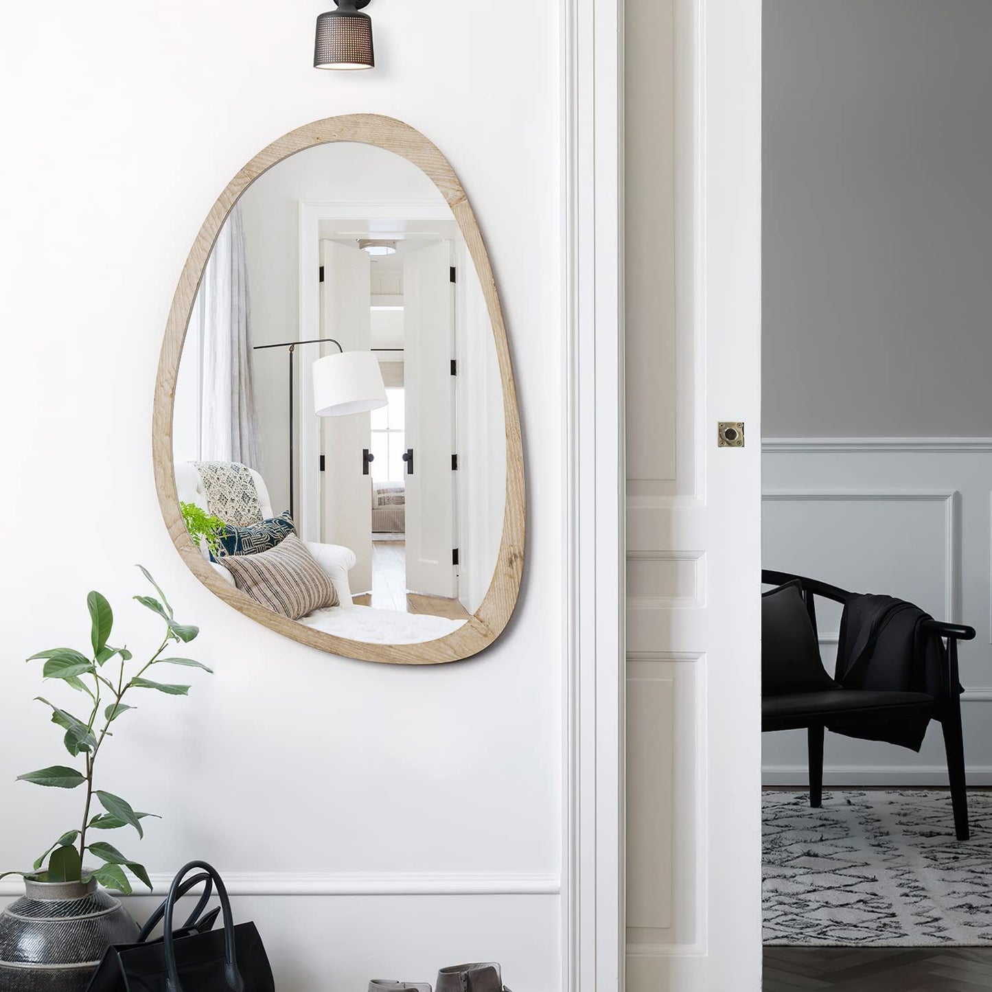 MEHOOM 30"x20" Irregular Wood Wall Mirror, Boho Hanging Mirror for Bathroom, Bedroom, Farmhouse Decor