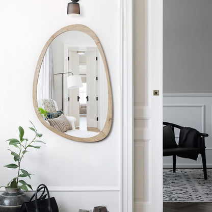 MEHOOM 30"x20" Irregular Wood Wall Mirror, Boho Hanging Mirror for Bathroom, Bedroom, Farmhouse Decor