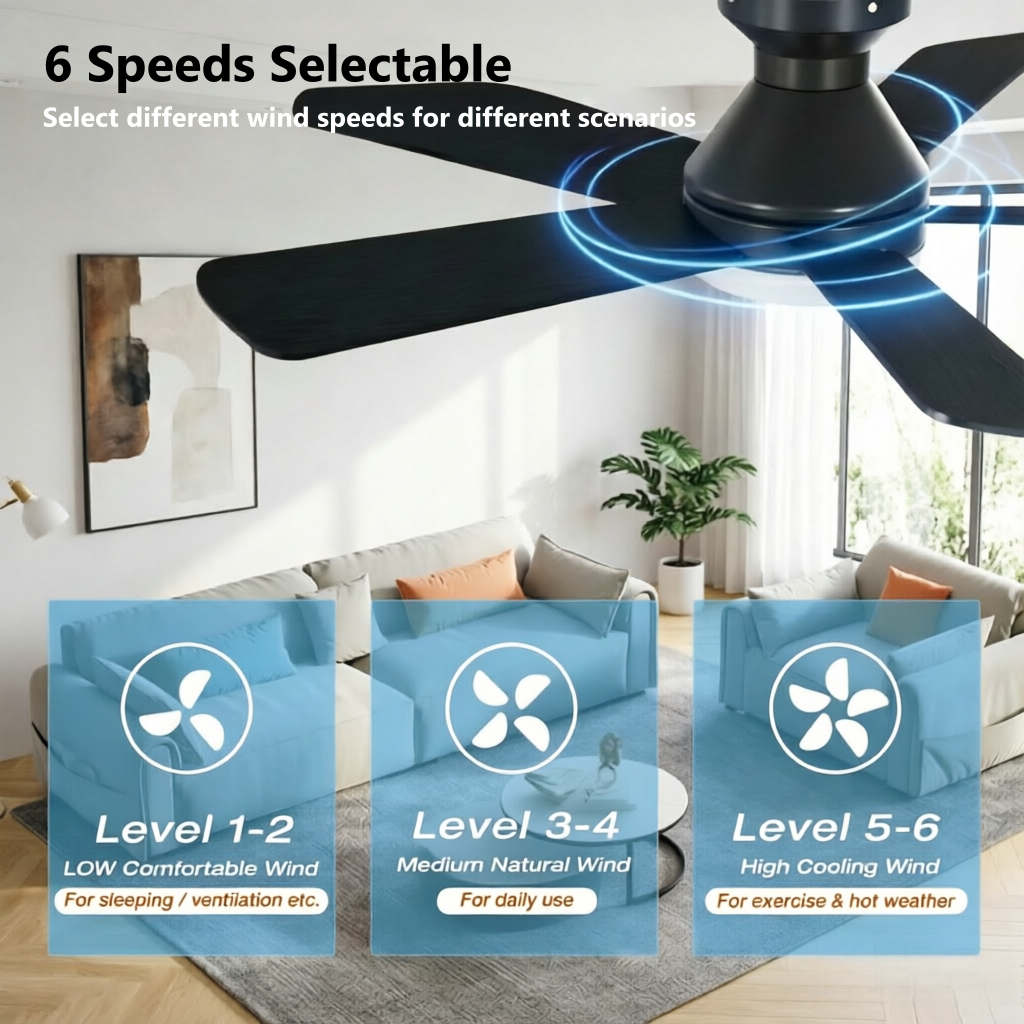 Ceiling Fans with Lights and Remote, 42" Low Profile LED Ceiling Fan with Flush Mount, Reversible, 3CCT, Dimmable, Quiet, Indoor Outdoor Fan for Bedroom, Black
