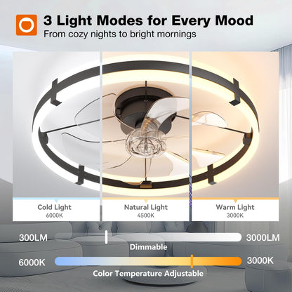 MEHOOM Ceiling Fan with Light and Remote & APP, 20" Low Profile Ceiling Fan, 3 Color Flush Mount Dimmable LED Fan Light, Reversible 6 Wind Speeds, Timing Setting Fan for Bedroom