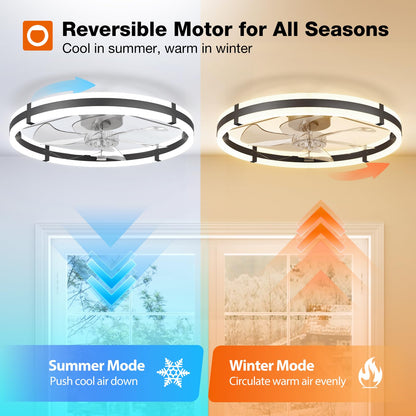 MEHOOM Ceiling Fan with Light and Remote & APP, 20" Low Profile Ceiling Fan, 3 Color Flush Mount Dimmable LED Fan Light, Reversible 6 Wind Speeds, Timing Setting Fan for Bedroom