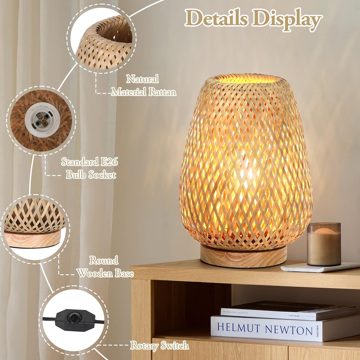 MEHOOM Bamboo Rattan Table Lamp for Living Room Farmhouse, Dimmable Bedside Lamp,Accent Lamp for Bedroom,Desk Novelty Lamp for Bedroom,Living Room,Office,Boho Decor