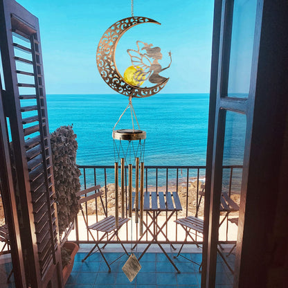 MEHOOM Hanging Moon Fairy Solar Lights for Garden Decor, Outdoor Wind Chimes with Solar Powered Lights & 5 Metal Tubes