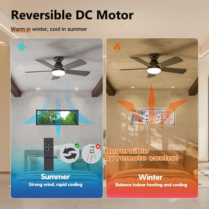 Ceiling Fans with Lights and Remote, 42" Low Profile LED Ceiling Fan with Flush Mount, Reversible, 3CCT, Dimmable, Quiet, Indoor Outdoor Fan for Bedroom, Black