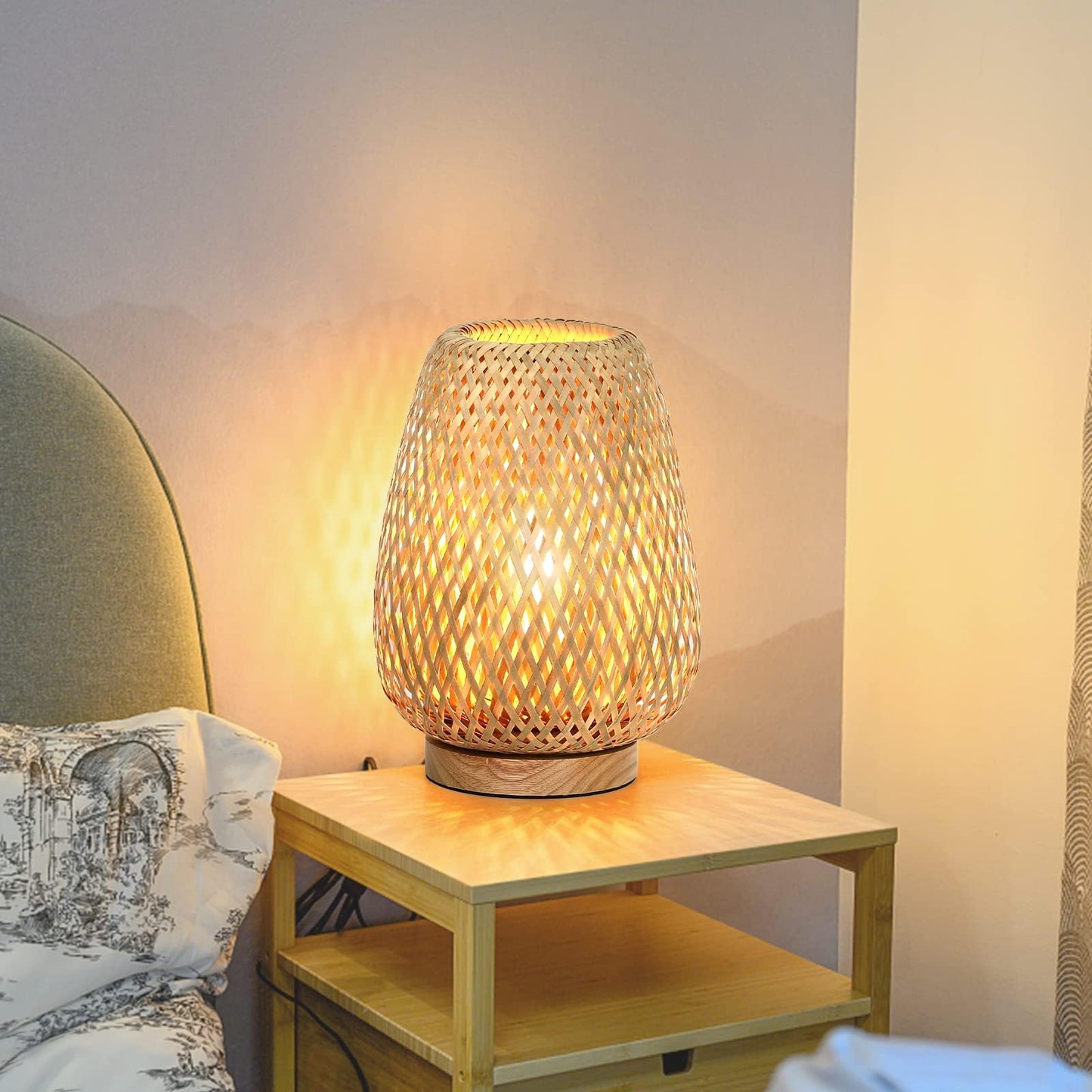 MEHOOM Bamboo Rattan Table Lamp for Living Room Farmhouse, Dimmable Bedside Lamp,Accent Lamp for Bedroom,Desk Novelty Lamp for Bedroom,Living Room,Office,Boho Decor