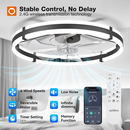MEHOOM Ceiling Fan with Light and Remote & APP, 20" Low Profile Ceiling Fan, 3 Color Flush Mount Dimmable LED Fan Light, Reversible 6 Wind Speeds, Timing Setting Fan for Bedroom