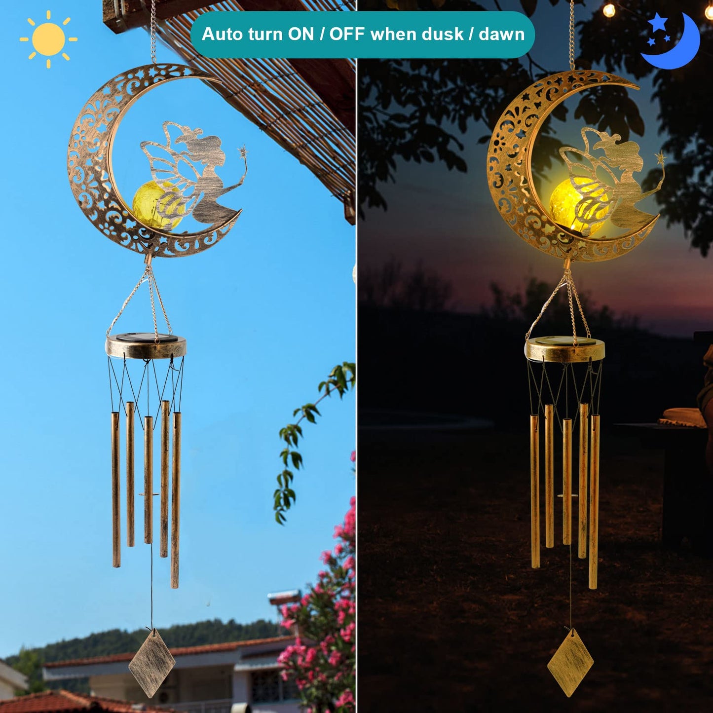 MEHOOM Hanging Moon Fairy Solar Lights for Garden Decor, Outdoor Wind Chimes with Solar Powered Lights & 5 Metal Tubes