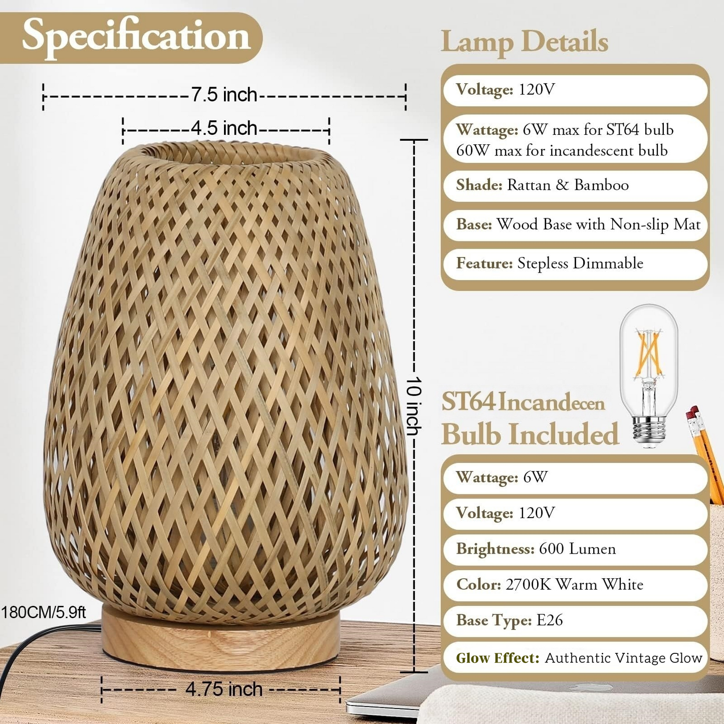 MEHOOM Bamboo Rattan Table Lamp for Living Room Farmhouse, Dimmable Bedside Lamp,Accent Lamp for Bedroom,Desk Novelty Lamp for Bedroom,Living Room,Office,Boho Decor