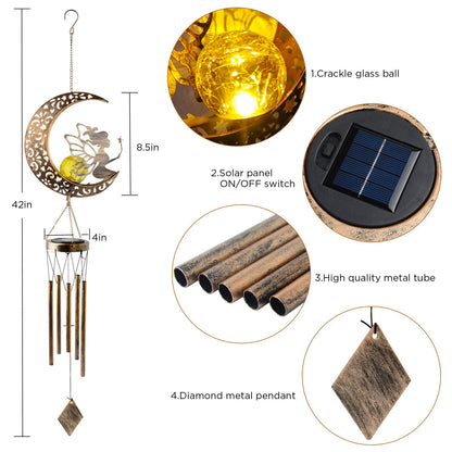 MEHOOM Hanging Moon Fairy Solar Lights for Garden Decor, Outdoor Wind Chimes with Solar Powered Lights & 5 Metal Tubes