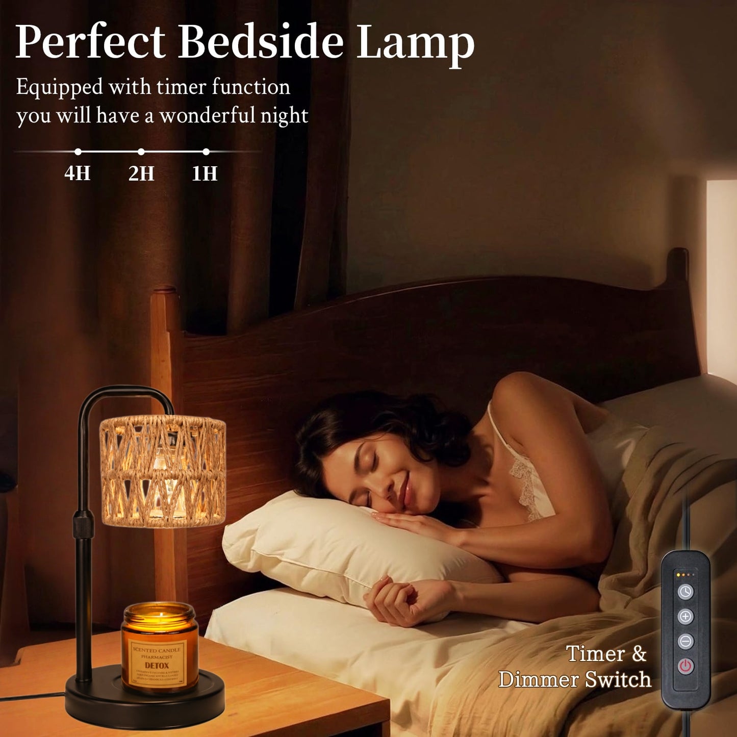 MEHOOM Rattan Candle Warmer Lamp with Dimmer Timer, Adjustable Height Warmer for Jar Candles, Light Brown Lampshade with 2 Bulbs, Home Decor Gifts for Bedroom Living Room