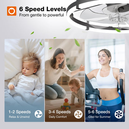 MEHOOM Ceiling Fan with Light and Remote & APP, 20" Low Profile Ceiling Fan, 3 Color Flush Mount Dimmable LED Fan Light, Reversible 6 Wind Speeds, Timing Setting Fan for Bedroom