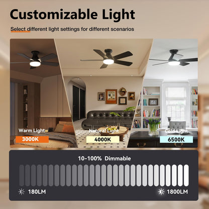 Ceiling Fans with Lights and Remote, 42" Low Profile LED Ceiling Fan with Flush Mount, Reversible, 3CCT, Dimmable, Quiet, Indoor Outdoor Fan for Bedroom, Black